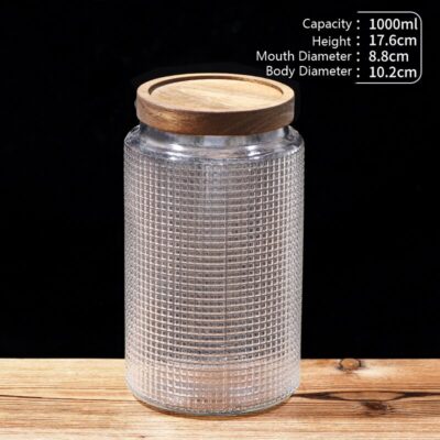 RX031 Embossed Decorative Glass Storage Jar with Wood and Bamboo Lids