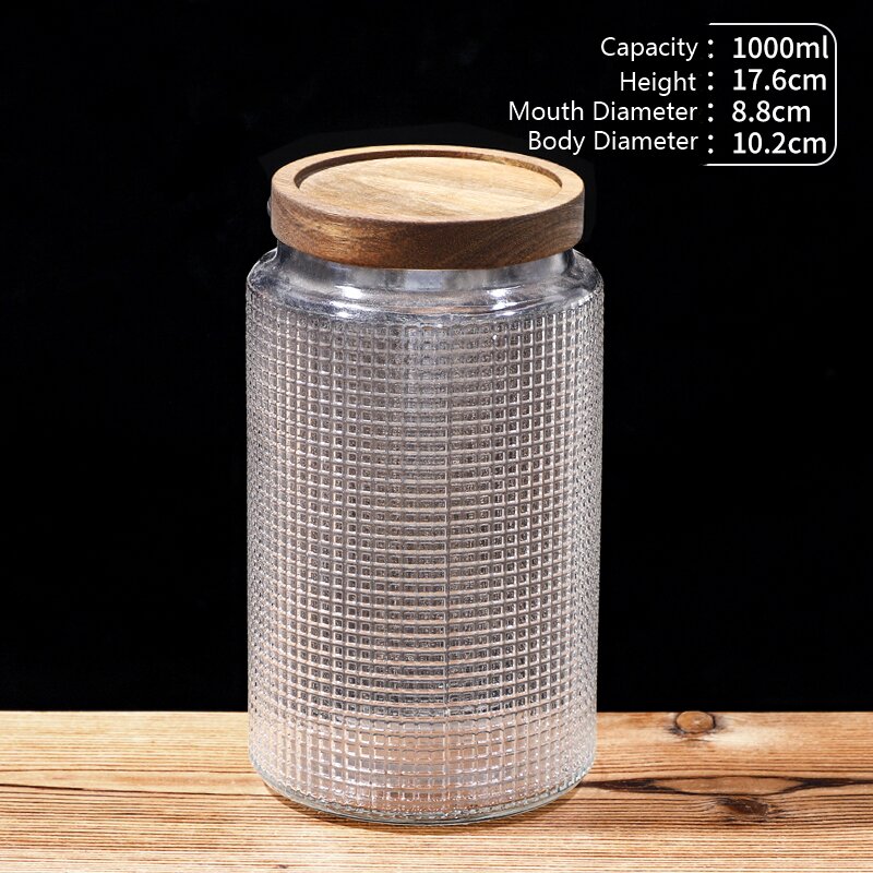 RX031 Embossed Decorative Glass Storage Jar with Wood and Bamboo Lids