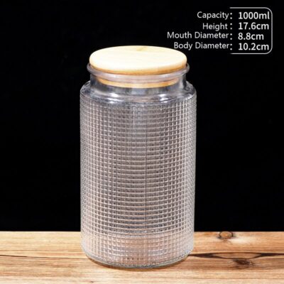 RX031 Embossed Decorative Glass Storage Jar with Wood and Bamboo Lids