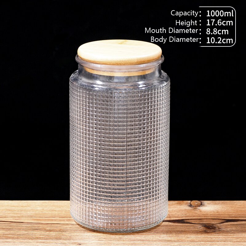 RX031 Embossed Decorative Glass Storage Jar with Wood and Bamboo Lids