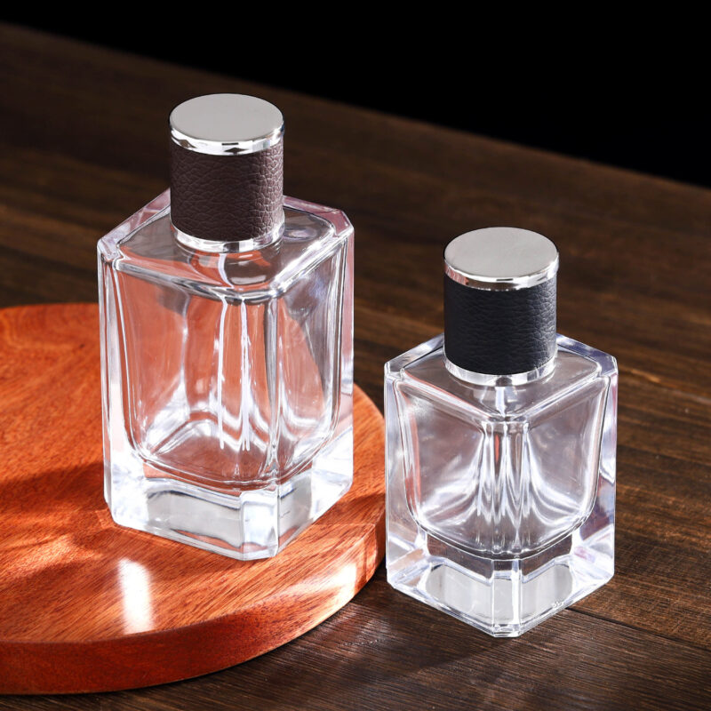 RX015-XB155Luxury Square Glass Perfume Bottle with Embossed Leather Cap - 30ml/50ml/100ml Series