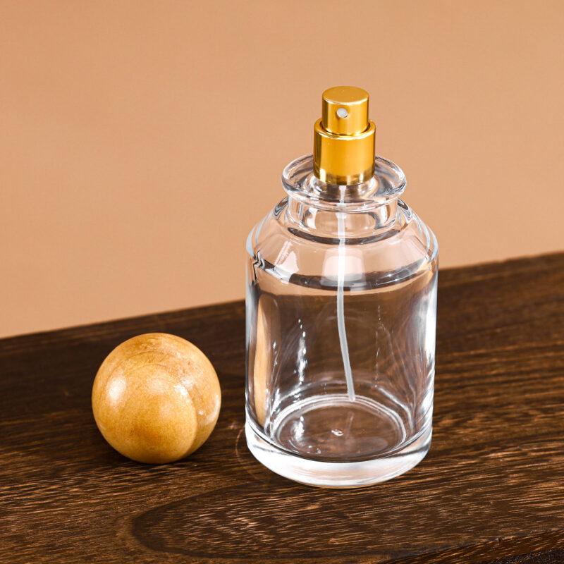 RX019-XB225 100ml Round Glass Perfume Bottle with Natural Wooden Ball Cap