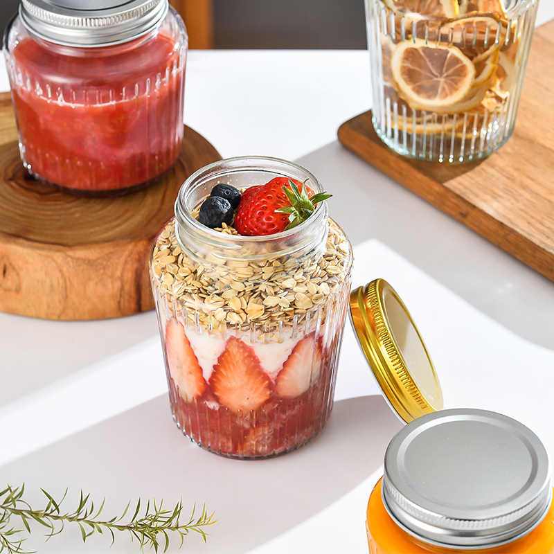 RX030 Thickened Fluted Glass Storage Jar with Airtight Metal Lid