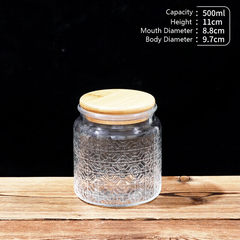RX031 Embossed Decorative Glass Storage Jar with Wood and Bamboo Lids