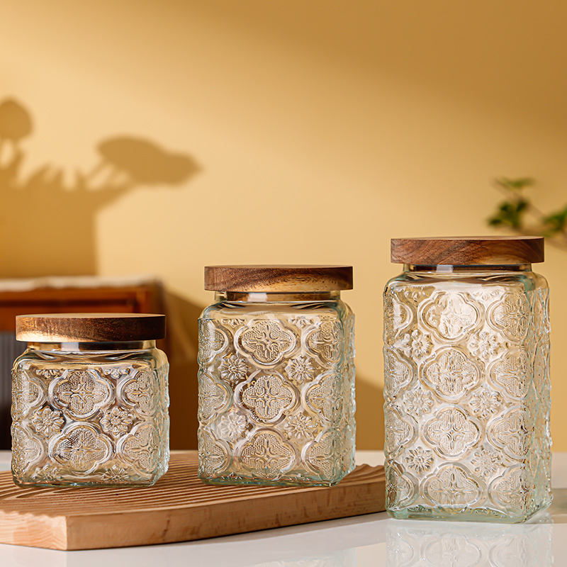 RX036 Vintage Relief Glass Storage Jar - Square & Round Shapes with Wood Lid