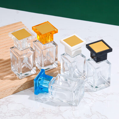 50ml clear square glass perfume bottle with blue acrylic cap and silver sprayer