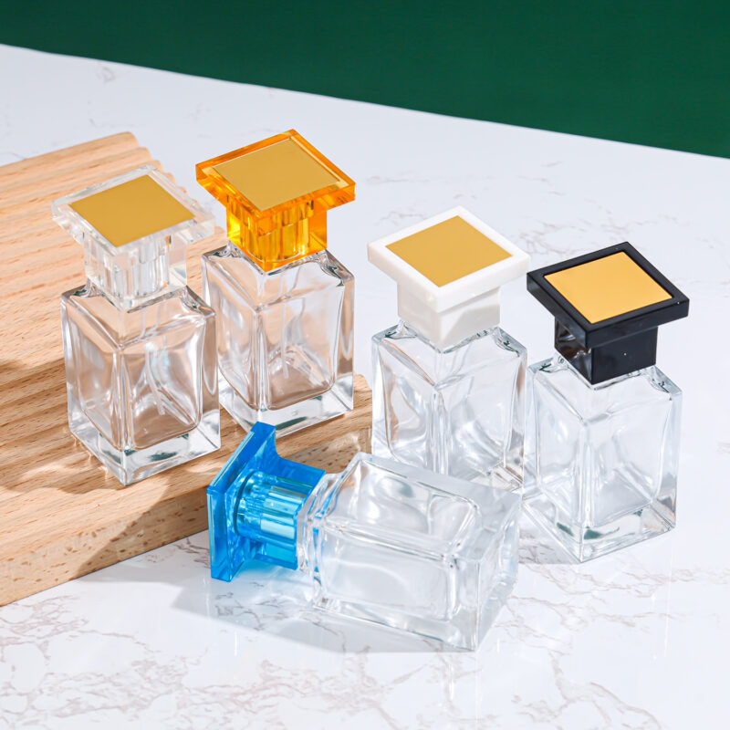 50ml clear square glass perfume bottle with blue acrylic cap and silver sprayer