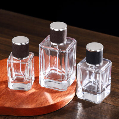 RX015-XB155Luxury Square Glass Perfume Bottle with Embossed Leather Cap - 30ml/50ml/100ml Series