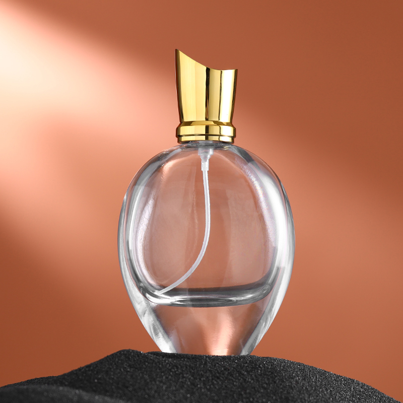 RX011,75ml Elegant Oval Glass Perfume Bottle - Crimp Neck with Acrylic & Electroplated Caps