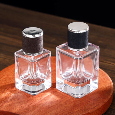 RX015-XB155Luxury Square Glass Perfume Bottle with Embossed Leather Cap - 30ml/50ml/100ml Series