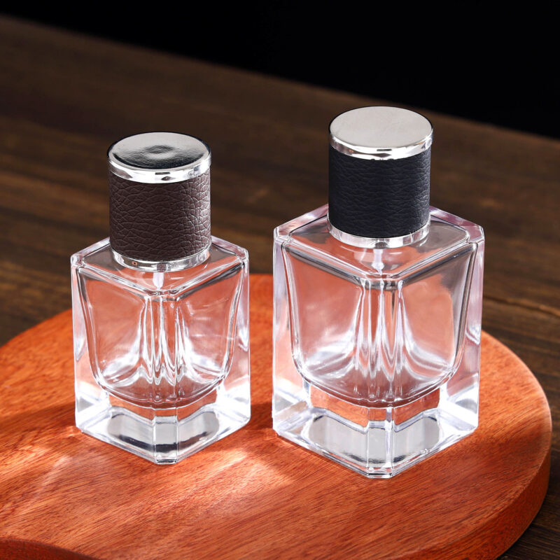 RX015-XB155Luxury Square Glass Perfume Bottle with Embossed Leather Cap - 30ml/50ml/100ml Series