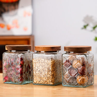 RX036 Vintage Relief Glass Storage Jar - Square & Round Shapes with Wood Lid