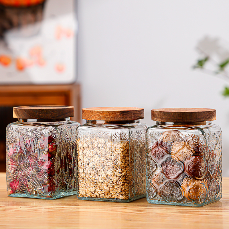 RX036 Vintage Relief Glass Storage Jar - Square & Round Shapes with Wood Lid