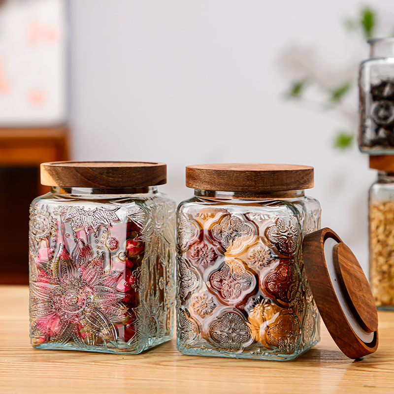 RX036 Vintage Relief Glass Storage Jar - Square & Round Shapes with Wood Lid