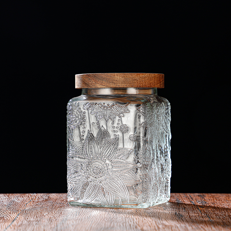 RX031 Embossed Decorative Glass Storage Jar with Wood and Bamboo Lids