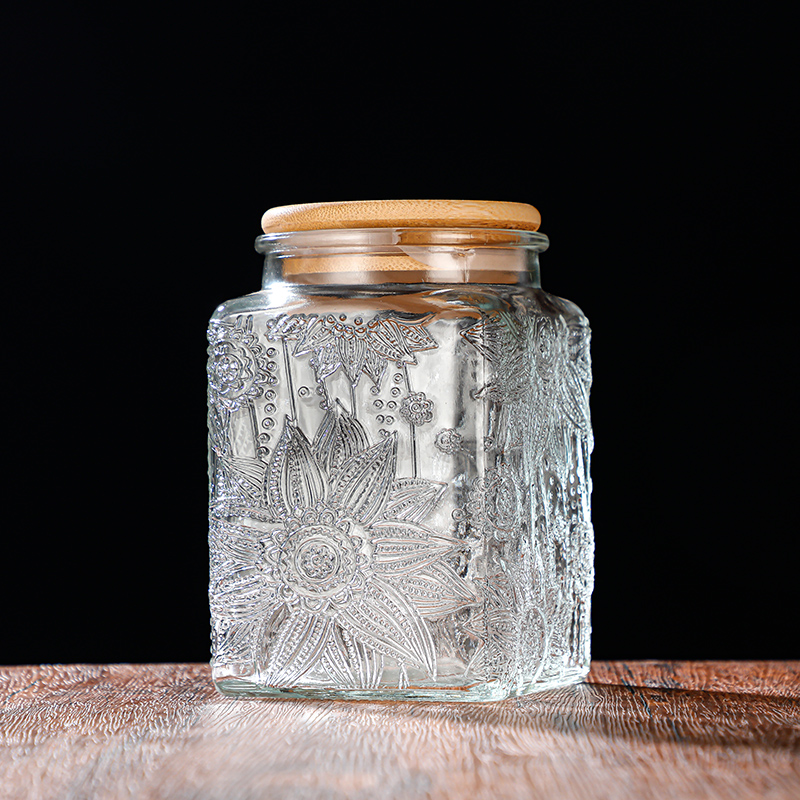 RX031 Embossed Decorative Glass Storage Jar with Wood and Bamboo Lids