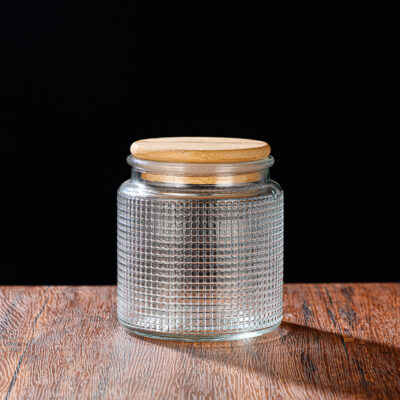 RX031 Embossed Decorative Glass Storage Jar with Wood and Bamboo Lids