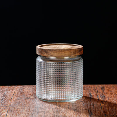 RX031 Embossed Decorative Glass Storage Jar with Wood and Bamboo Lids