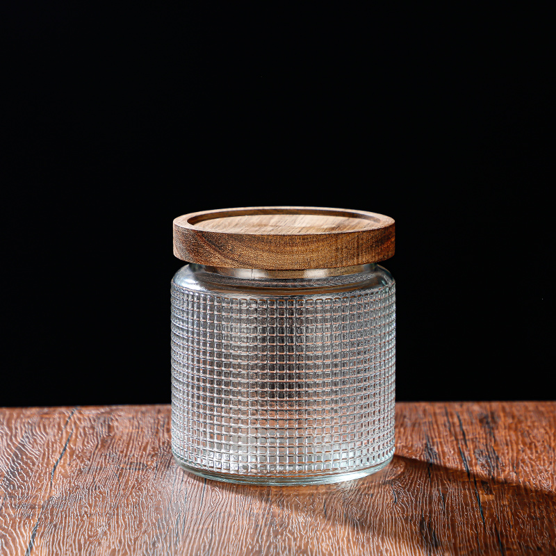 RX031 Embossed Decorative Glass Storage Jar with Wood and Bamboo Lids