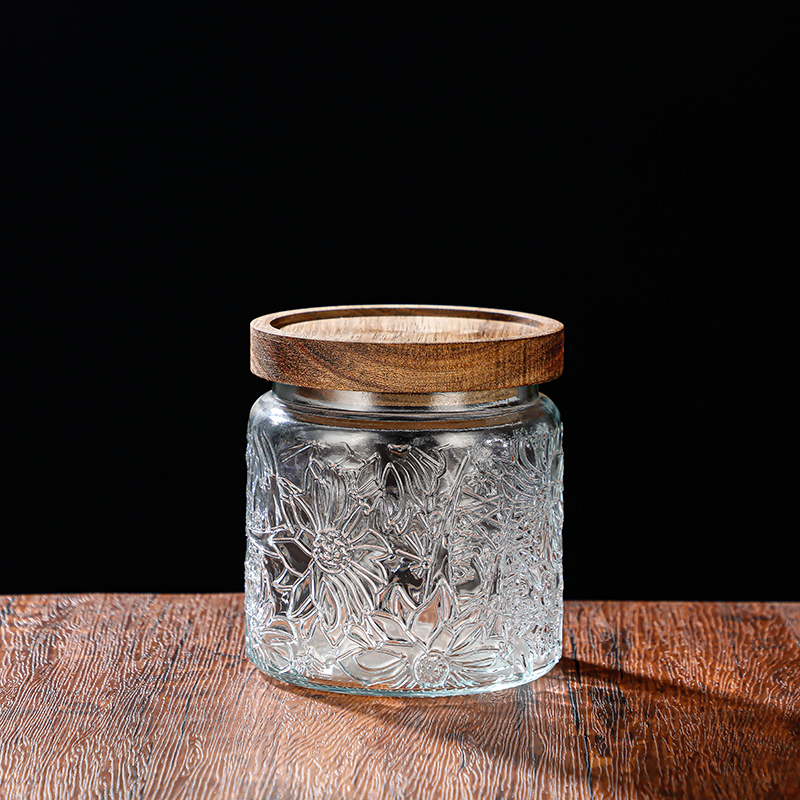 RX031 Embossed Decorative Glass Storage Jar with Wood and Bamboo Lids