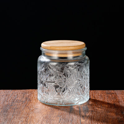 RX031 Embossed Decorative Glass Storage Jar with Wood and Bamboo Lids