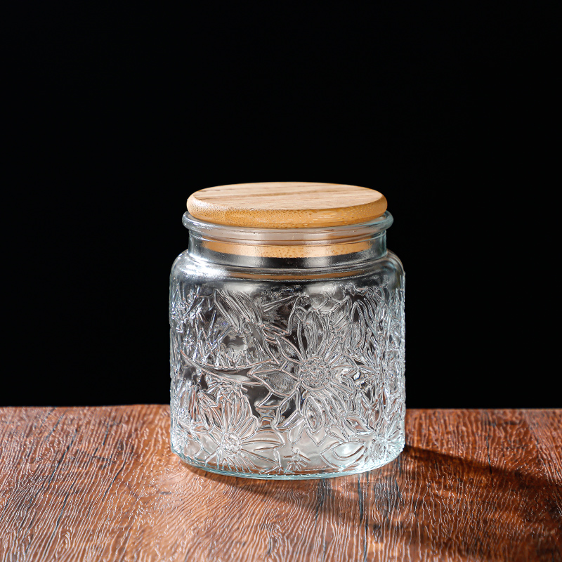 RX031 Embossed Decorative Glass Storage Jar with Wood and Bamboo Lids