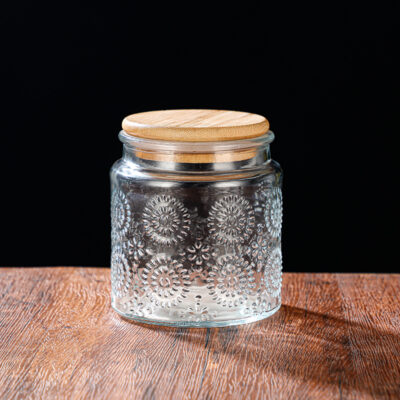 RX031 Embossed Decorative Glass Storage Jar with Wood and Bamboo Lids