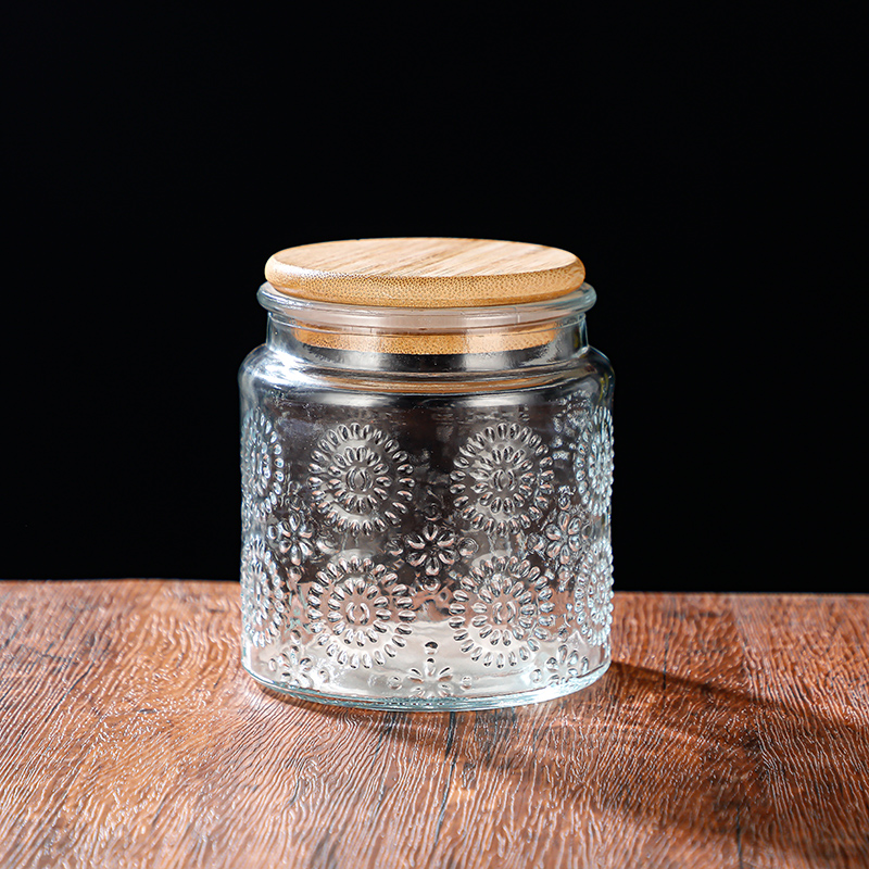 RX031 Embossed Decorative Glass Storage Jar with Wood and Bamboo Lids