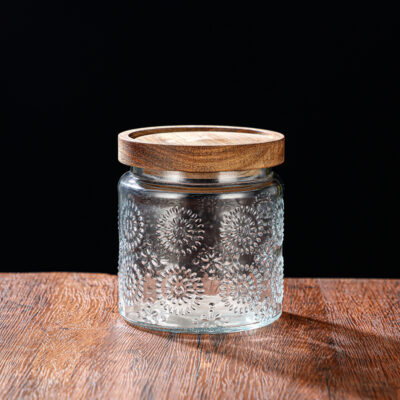 RX031 Embossed Decorative Glass Storage Jar with Wood and Bamboo Lids