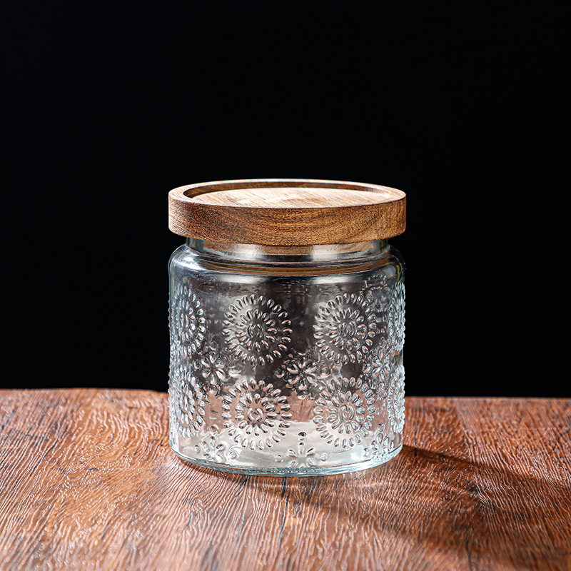 RX031 Embossed Decorative Glass Storage Jar with Wood and Bamboo Lids