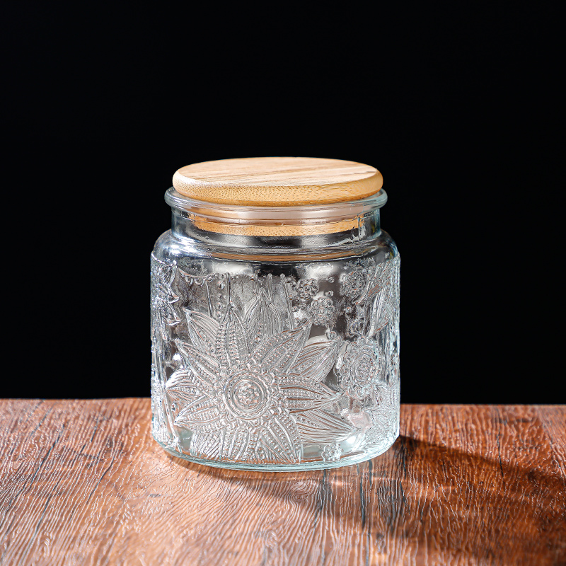 RX031 Embossed Decorative Glass Storage Jar with Wood and Bamboo Lids