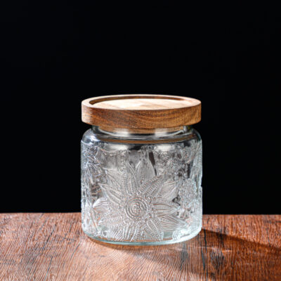 RX031 Embossed Decorative Glass Storage Jar with Wood and Bamboo Lids