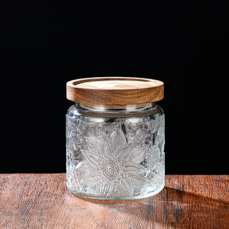 RX031 Embossed Decorative Glass Storage Jar with Wood and Bamboo Lids