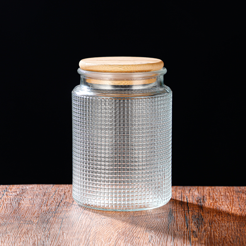 RX031 Embossed Decorative Glass Storage Jar with Wood and Bamboo Lids