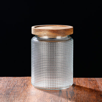 RX031 Embossed Decorative Glass Storage Jar with Wood and Bamboo Lids
