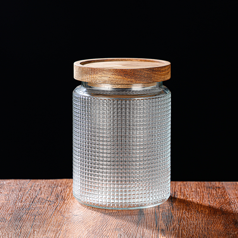 RX031 Embossed Decorative Glass Storage Jar with Wood and Bamboo Lids