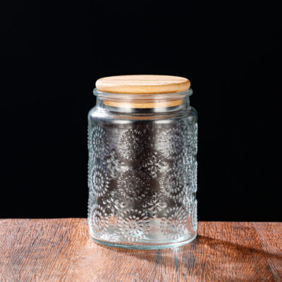 RX031 Embossed Decorative Glass Storage Jar with Wood and Bamboo Lids