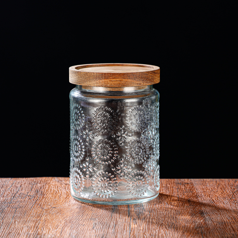 RX031 Embossed Decorative Glass Storage Jar with Wood and Bamboo Lids