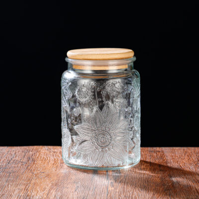 RX031 Embossed Decorative Glass Storage Jar with Wood and Bamboo Lids