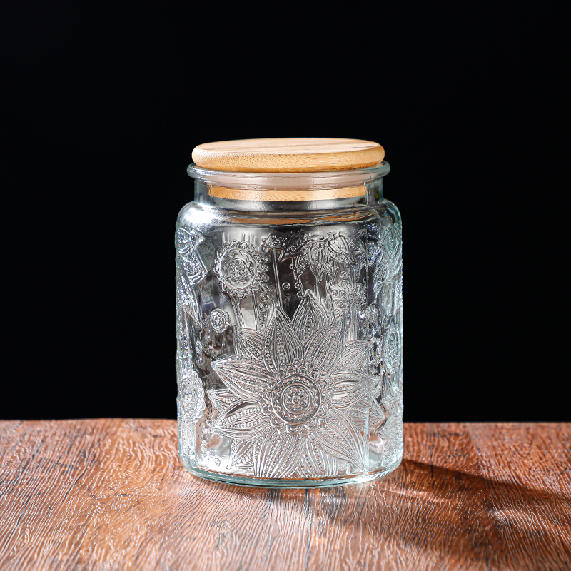 RX031 Embossed Decorative Glass Storage Jar with Wood and Bamboo Lids