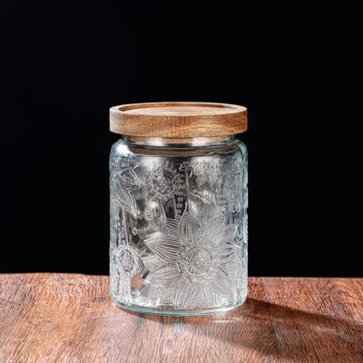 RX031 Embossed Decorative Glass Storage Jar with Wood and Bamboo Lids