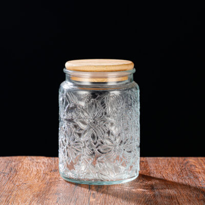 RX031 Embossed Decorative Glass Storage Jar with Wood and Bamboo Lids