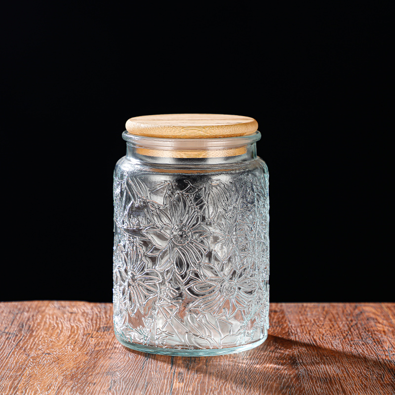 RX031 Embossed Decorative Glass Storage Jar with Wood and Bamboo Lids