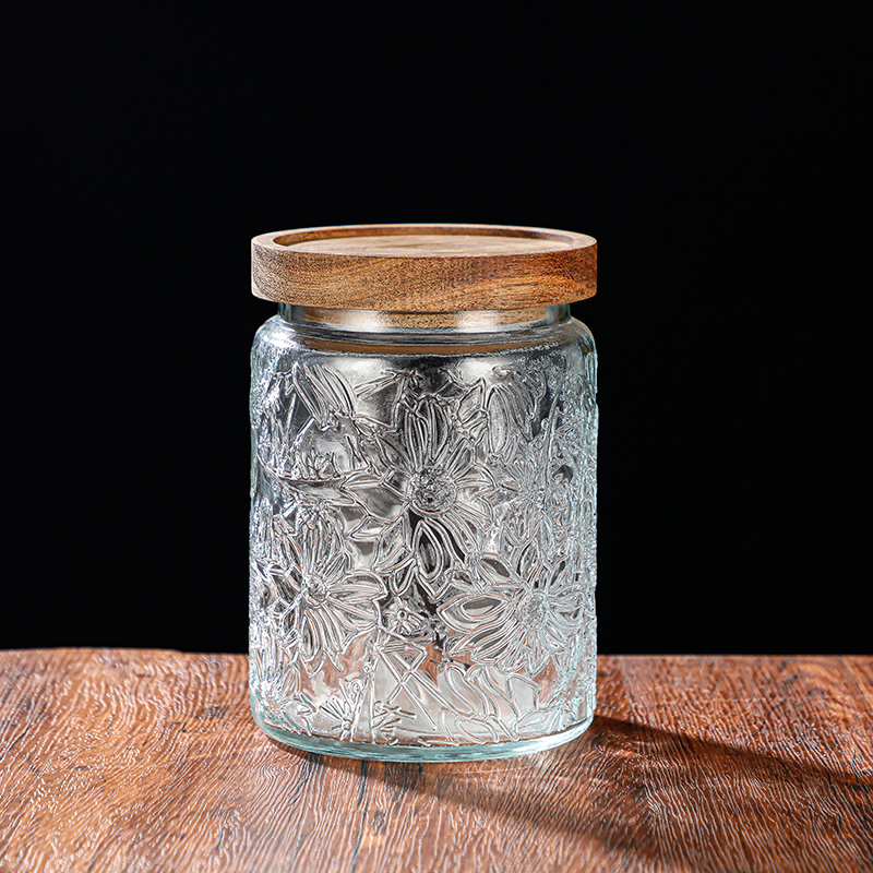 RX031 Embossed Decorative Glass Storage Jar with Wood and Bamboo Lids