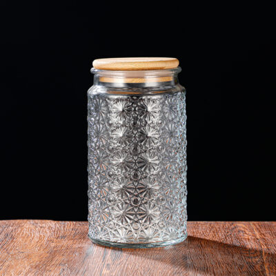 RX031 Embossed Decorative Glass Storage Jar with Wood and Bamboo Lids