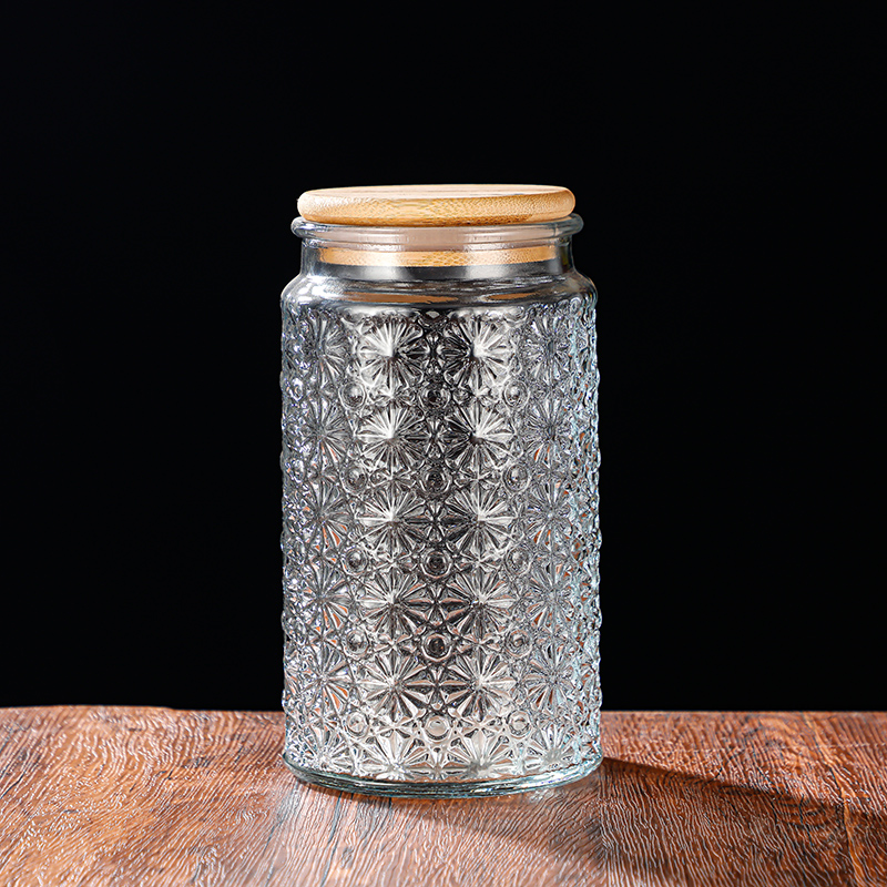 RX031 Embossed Decorative Glass Storage Jar with Wood and Bamboo Lids