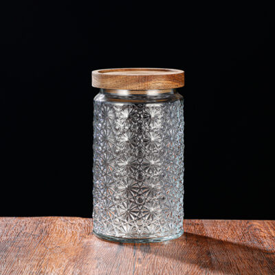 RX031 Embossed Decorative Glass Storage Jar with Wood and Bamboo Lids