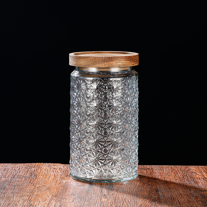 RX031 Embossed Decorative Glass Storage Jar with Wood and Bamboo Lids
