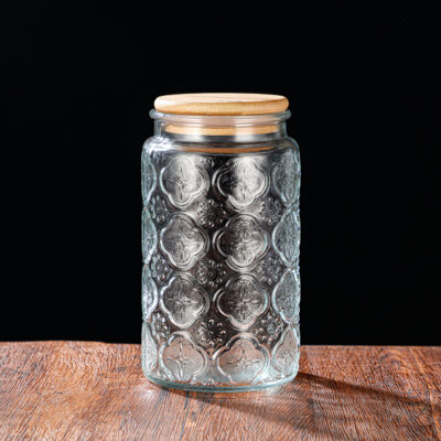 RX031 Embossed Decorative Glass Storage Jar with Wood and Bamboo Lids
