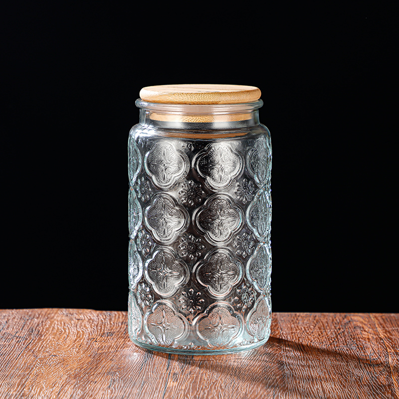 RX031 Embossed Decorative Glass Storage Jar with Wood and Bamboo Lids